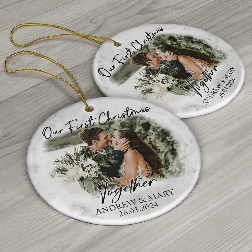 Custom Photo First Christmas As Mr & Mrs Couples - Personalized Circle Ceramic Ornament