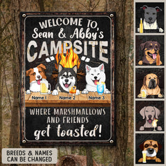 Welcome To Family Camp Site, Where Marshmallows And Friends Get Toasted, Dog & Beverage, Personalized Dog Lovers Metal Sign
