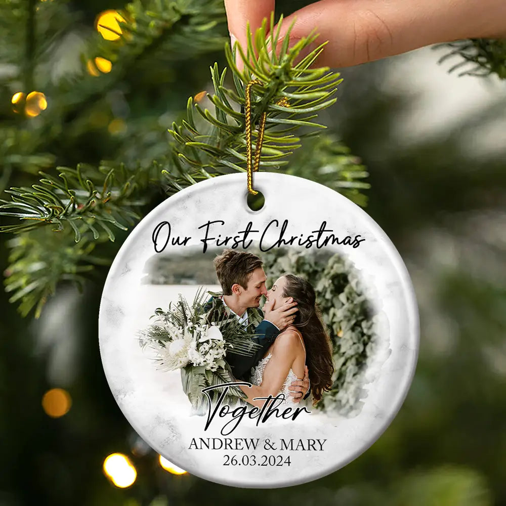 Custom Photo First Christmas As Mr & Mrs Couples - Personalized Circle Ceramic Ornament