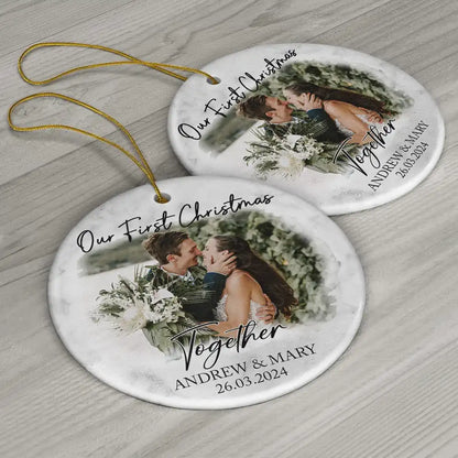 Custom Photo First Christmas As Mr & Mrs Couples - Personalized Circle Ceramic Ornament