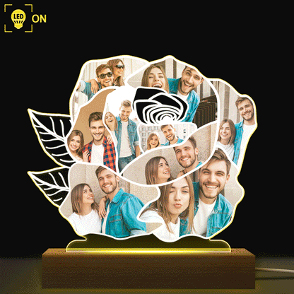 Custom Photo Rose Shape - Holiday, Anniversary Gift For Spouse, Husband, Wife, Couple - Personalized 3D Led Light Wooden Base