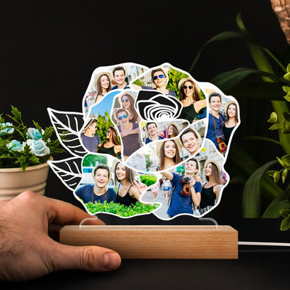 Custom Photo Rose Shape - Holiday, Anniversary Gift For Spouse, Husband, Wife, Couple - Personalized 3D Led Light Wooden Base
