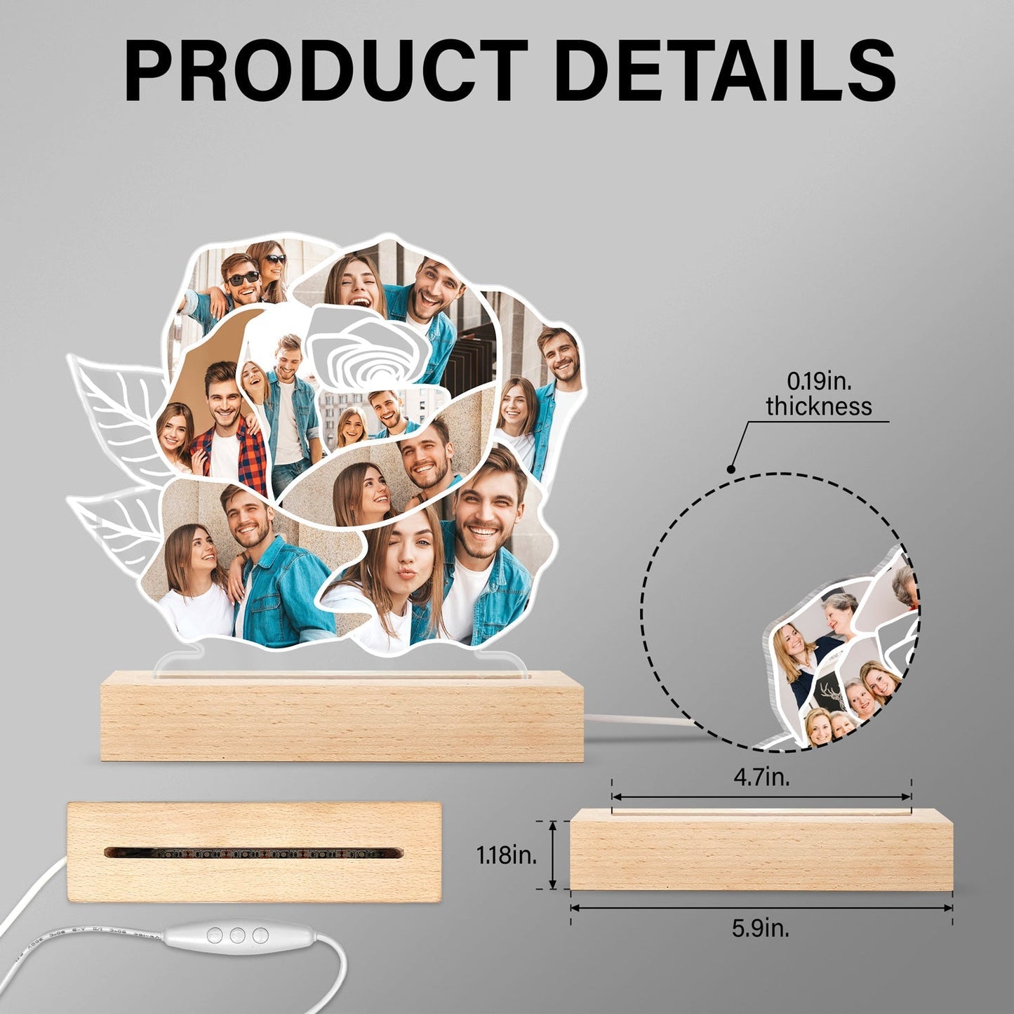 Custom Photo Rose Shape - Holiday, Anniversary Gift For Spouse, Husband, Wife, Couple - Personalized 3D Led Light Wooden Base